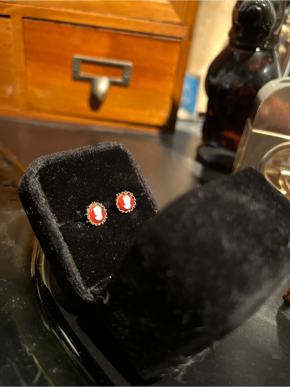 Vintage Red Cameo Stud Earrings - Vintage Women Jewelry